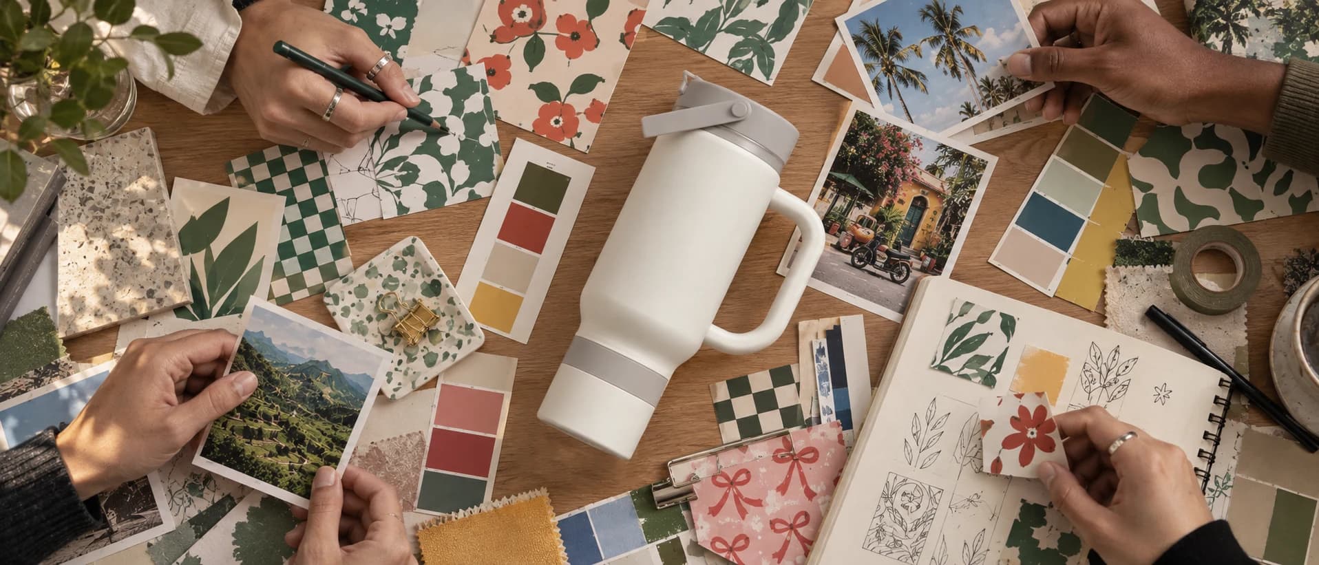 A white tumbler surrounded by pattern swatches, photographs, and hands sketching designs