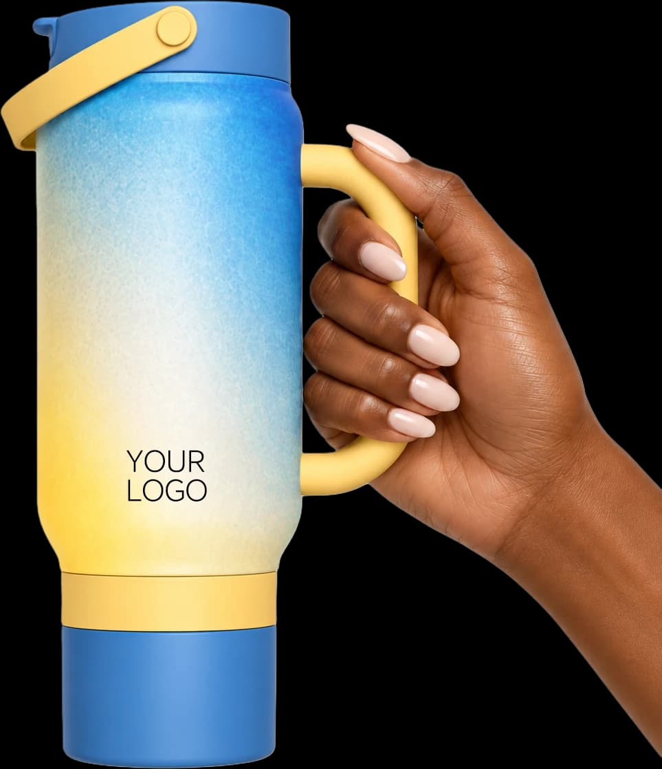 Hand holding a blue and yellow tumbler with a sample logo placement