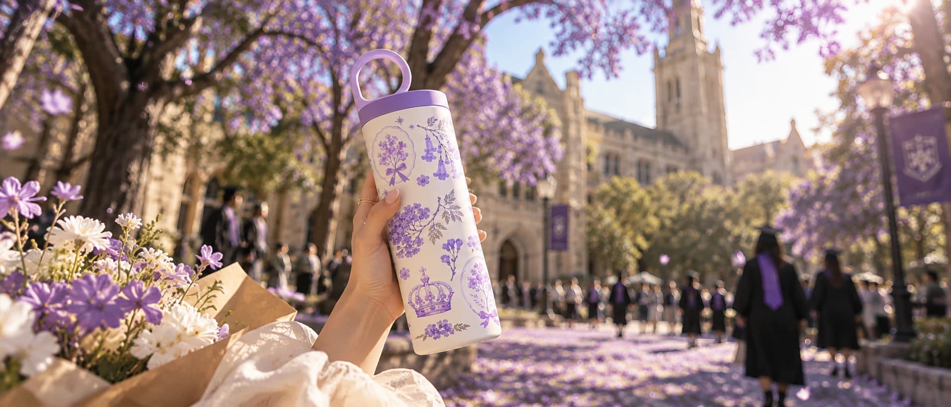 A hand holding a lavender floral bottle beneath purple blossoms at a graduation celebration