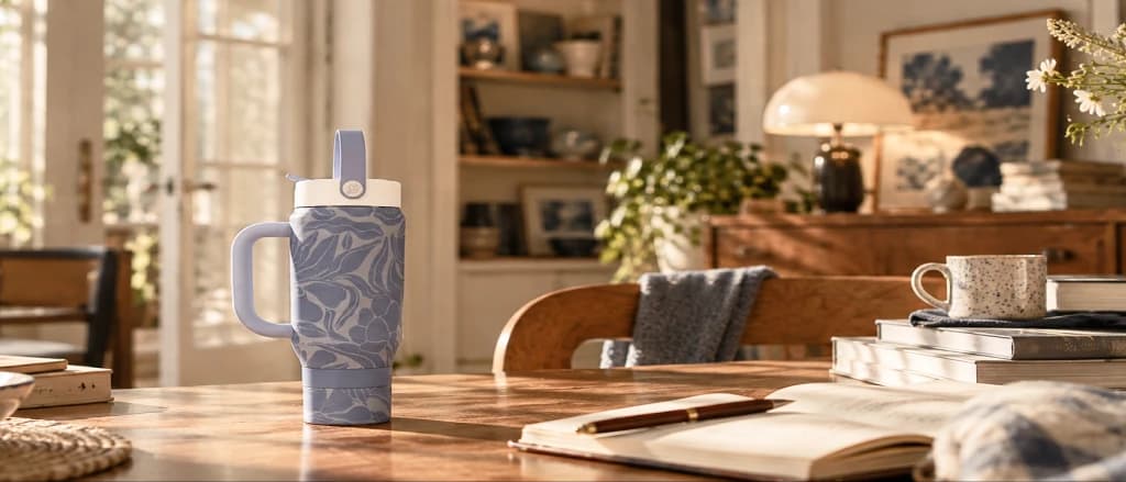 A blue patterned tumbler on a living-room table beside books and a ceramic mug